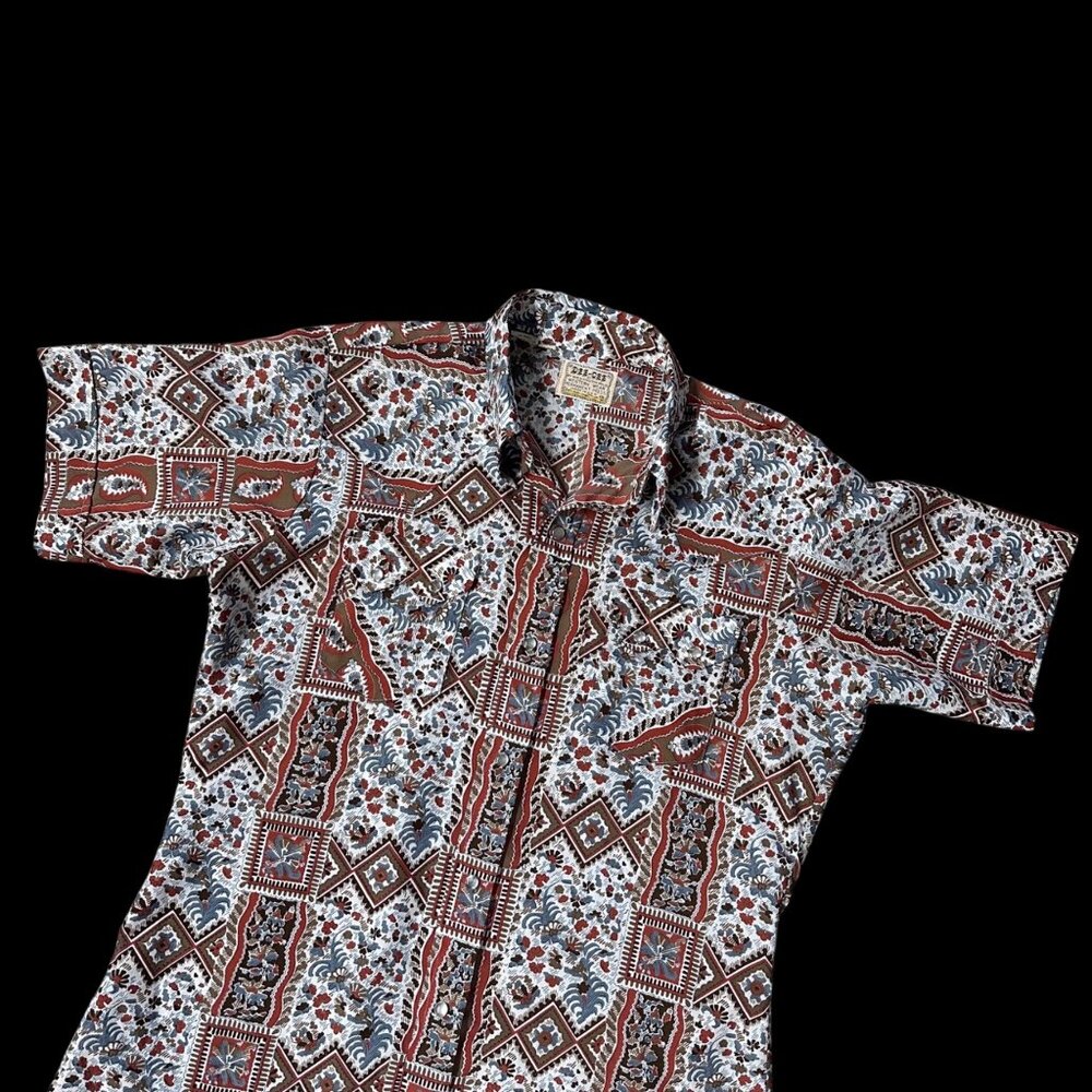 Vintage Pearl Snap Shirt 70s Western Floral Geometric Short Sleeve Size 15.5 USA